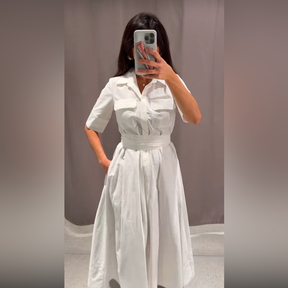 ZARA White Cotton Poplin Midi Dress